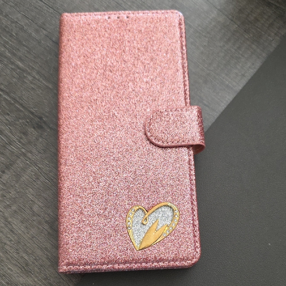 Sparkling Pink Wallet Phone Case with Heart Accent